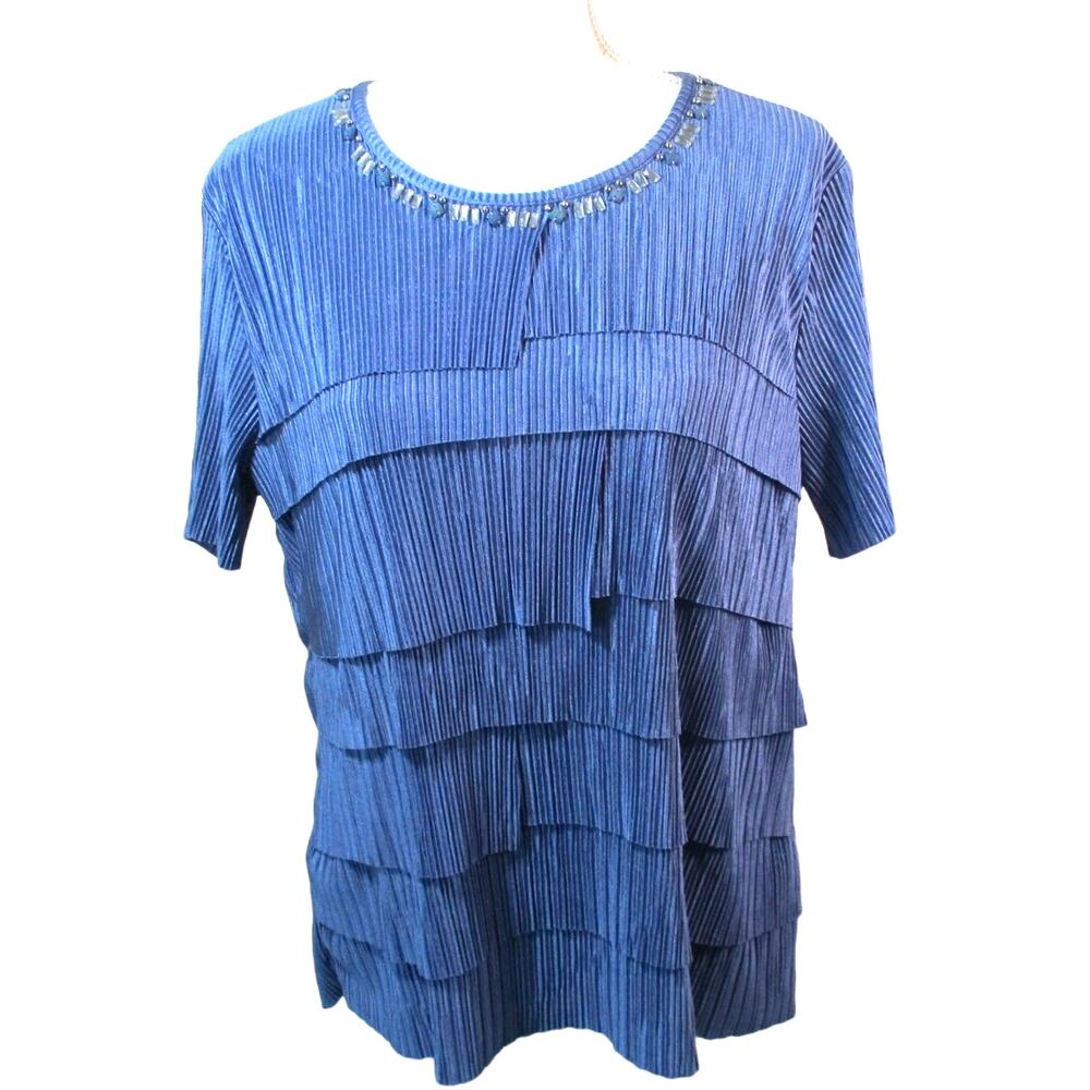 Alfred Dunner Women's Blue Short Sleeve Lined Beaded Neck Stretch Shirt Size M.